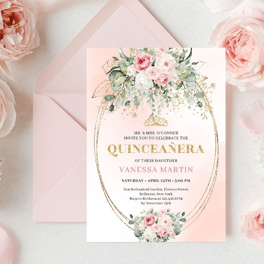 Invitation Chic Pastel Pink Boho Floral Quinceañera Invites