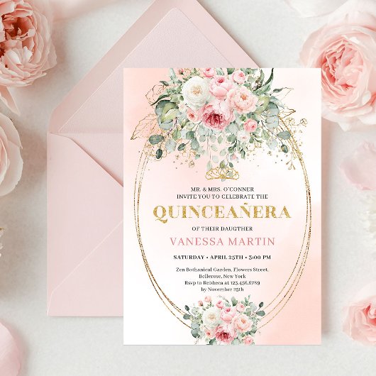 Invitation Chic Pastel Pink Eucalyptus Quinceañera Invite