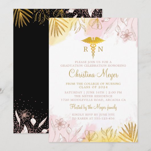 Invitation Chic Pastel Rose or Floral RN Infirmière Graduatio (Devant / Derrière)