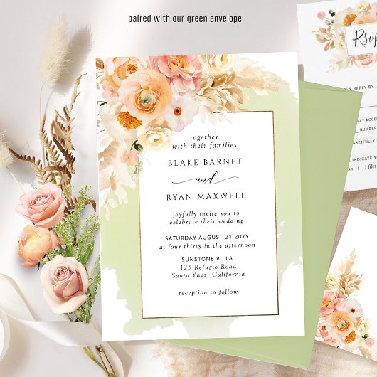Invitation Chic Peach Blush Champagne Green Floral Mariage