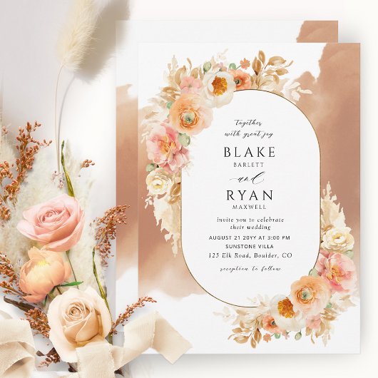 Invitation Chic Peach Blush Cream et Mariage ovale en terre c