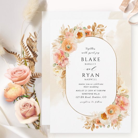 Invitation Chic Peach Blush Creme et Champagne Mariage ovale