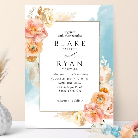 Invitation Chic Peach Blush Floral, Aqua Watercolor Mariage