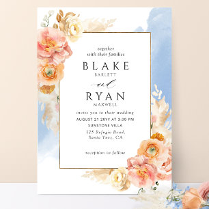 Invitation Chic Peach Blush Floral, Mariage d'aquarelle bleu