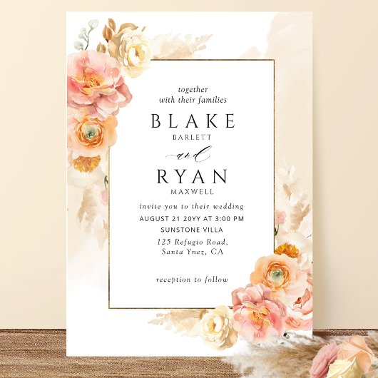 Invitation Chic Peach Blush Floral, Mariage d'aquarelle crème
