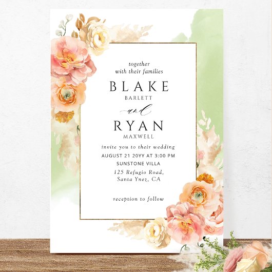 Invitation Chic Peach Blush Floral, Mariage d'aquarelle verte
