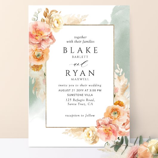 Invitation Chic Peach Blush Floral, Sage Watercolor Mariage