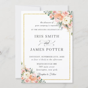 Invitation Chic Peach Ivory Blush Floral Gold Mariage