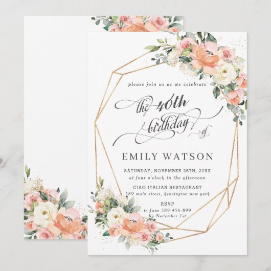 Invitation Chic Peach Ivory rose Floral Anniversaire géométri (Devant / Derrière)