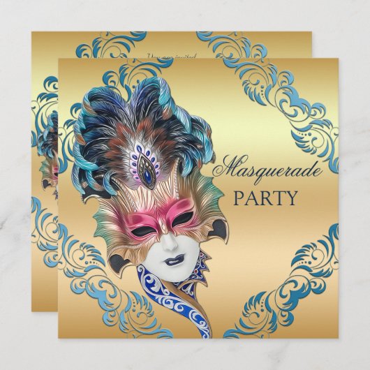 Invitation Chic Peacock Feathers Masquerade Party (Devant / Derrière)