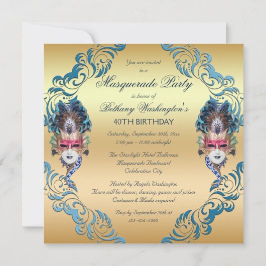 Invitation Chic Peacock Feathers Masquerade Party (Dos)