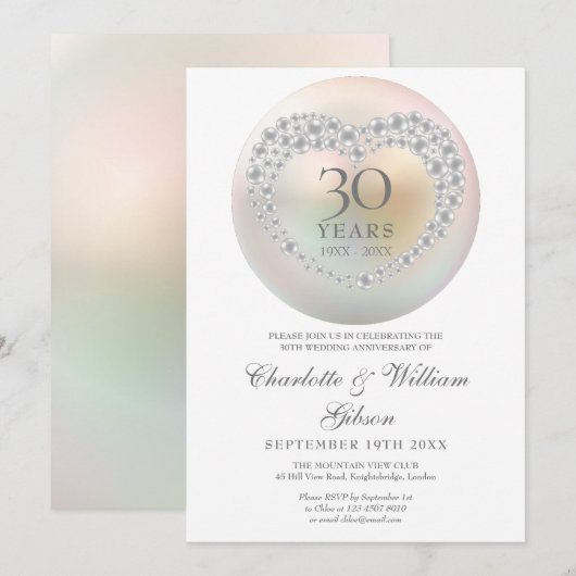 Invitation Chic Pearl Heart 30e anniversaire du Mariage (Devant / Derrière)