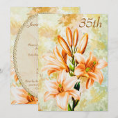 Invitation Chic Pêche & Lys Blancs 35e Anniversaire (Devant / Derrière)