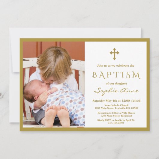 Invitation Chic Photo Boy Gold Cross Baptême (Devant)