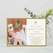 Invitation Chic Photo Boy Gold Cross Baptême (Debout devant)