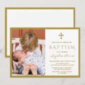 Invitation Chic Photo Boy Gold Cross Baptême (Devant / Derrière)