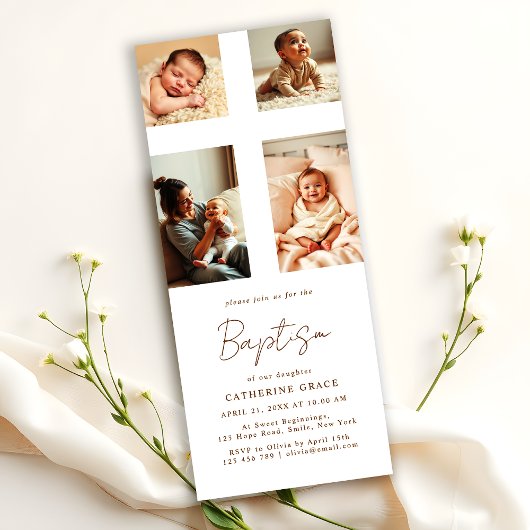 Invitation Chic Photo Collage Cross Baby Baptism
