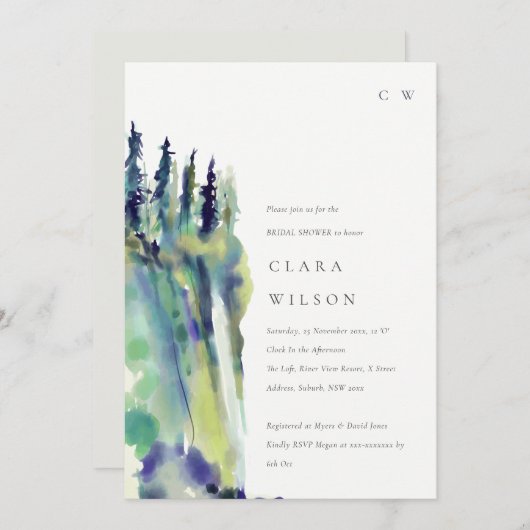 Invitation Chic Pine Tree Fête des mariées paysager (Devant / Derrière)