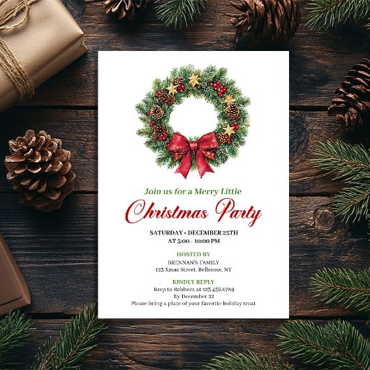 Invitation Chic Pine Wreath Festive Christmas Party Invite