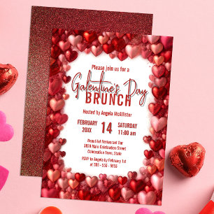 Invitation Chic Pink and Red Hearts Brunch de la Saint-Galent