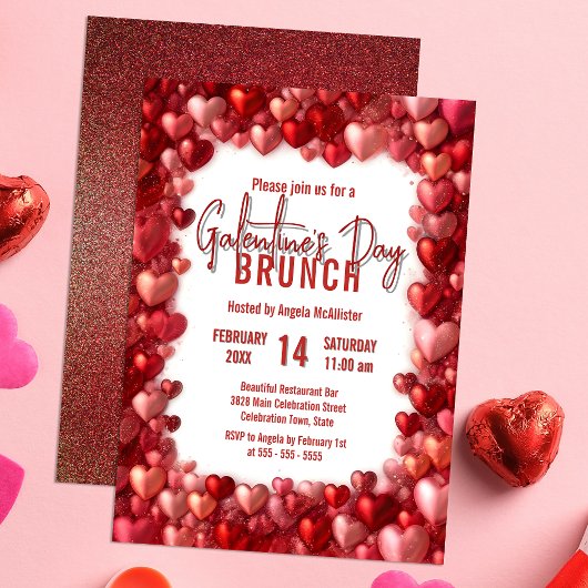 Invitation Chic Pink and Red Hearts Brunch de la Saint-Galent