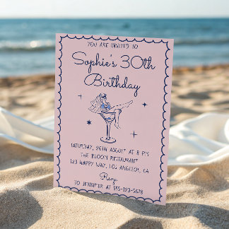 Invitation Chic Pink & Blue Martini Glass 30th Birthday