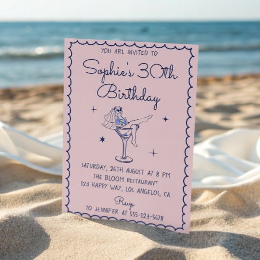 Invitation Chic Pink & Blue Martini Glass 30th Birthday