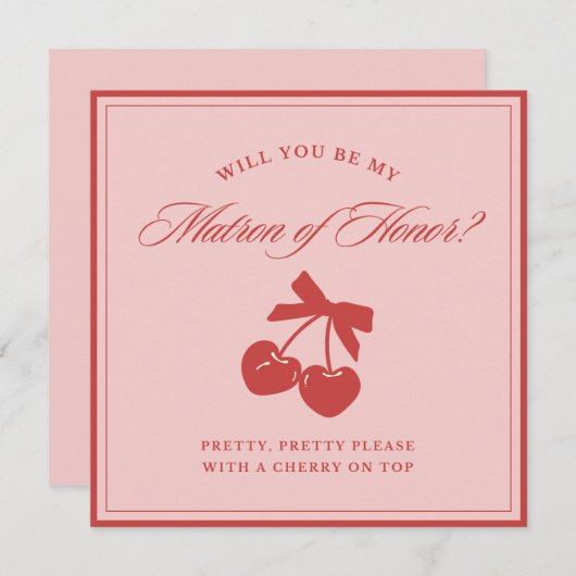 Invitation Chic Pink Bow Cherry Matron of Honor Proposal Card (Devant / Derrière)