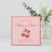 Invitation Chic Pink Bow Cherry Matron of Honor Proposal Card (Debout devant)