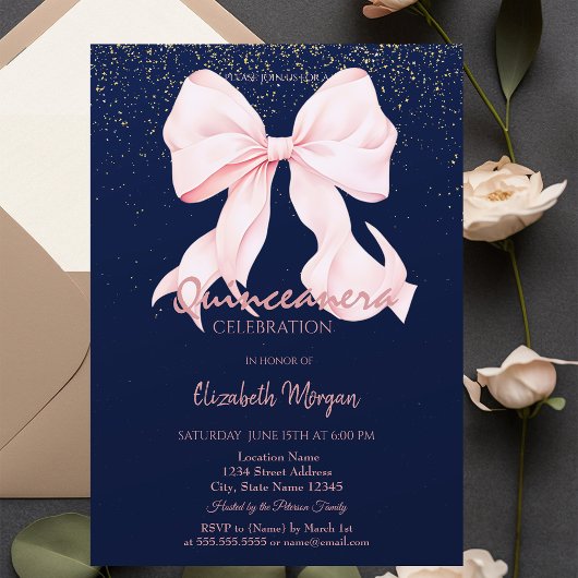 Invitation Chic Pink Bow Confetti Navy Blue Quinceañera  