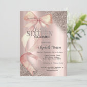 Invitation Chic Pink Bow Glitter Rose Gold Sweet 16  (Debout devant)