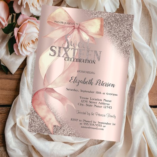 Invitation Chic Pink Bow Glitter Rose Gold Sweet 16 