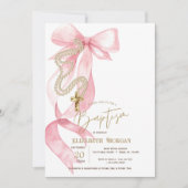 Invitation Chic Pink Bow Pearls Cross Baptism (Devant)