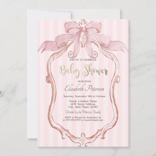 Invitation Chic Pink Bow Retro Frame Striped Baby Shower  (Devant)