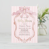 Invitation Chic Pink Bow Retro Frame Striped Baby Shower (Debout devant)