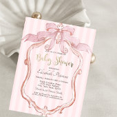 Invitation Chic Pink Bow Retro Frame Striped Baby Shower 