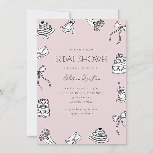 Invitation Chic Pink Bows Cakes Champagne Bridal Shower (Devant)