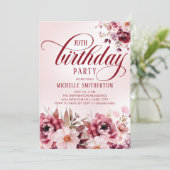 Invitation Chic Pink Burgundy Floral Glam 70th Birthday (Debout devant)