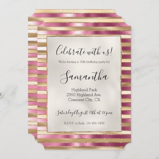 Invitation Chic Pink Gold Glam Stripes (Devant / Derrière)