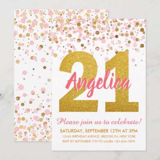 Invitation Chic Pink Gold Parties scintillant Confetti Fille (Devant / Derrière)