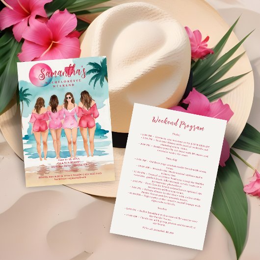 Invitation Chic Pink Tropical Landscape Brunettes Girl