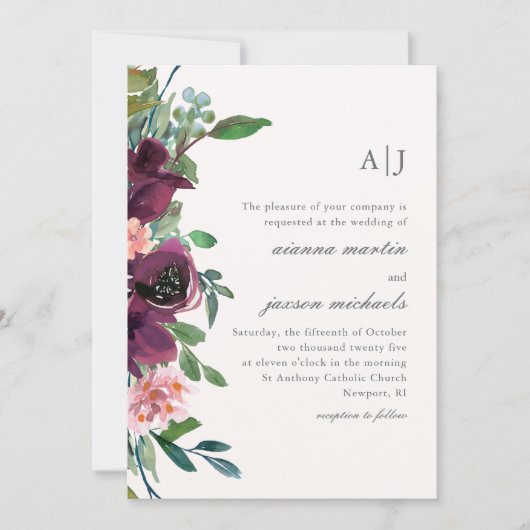 Invitation Chic Plum aquarelle Floral sur Mariage de broche (Devant)
