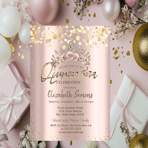 Invitation Chic points dorés, Couronne florale Quinceañera 