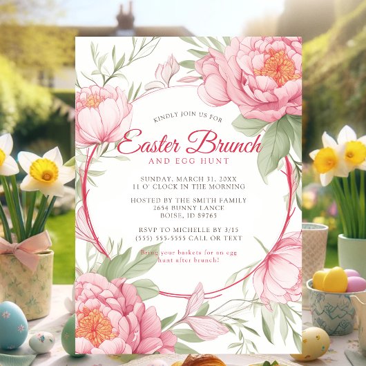Invitation Chic Pony rose Floral Brunch de Pâques et chasse a