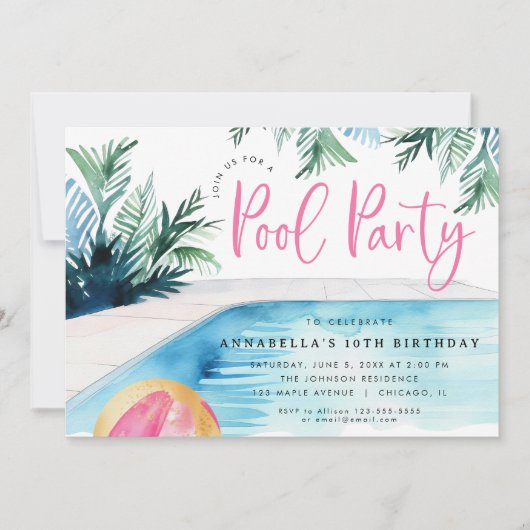Invitation Chic pool anniversaire fête moderne aquarelle (Devant)