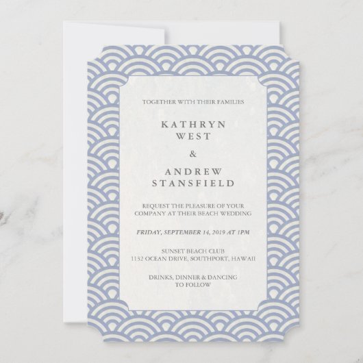 Invitation Chic Poudre Bleu Stylisé Vagues Plage Mariage (Devant)