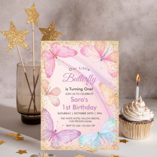 Invitation Chic Premier 1er Anniversaire Petit Papillon color