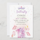Invitation Chic Premier Anniversaire Purple Floral & Papillon (Devant)