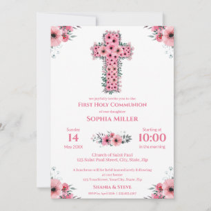 Invitation Chic Première Sainte Communion Fille Croix Fleur R