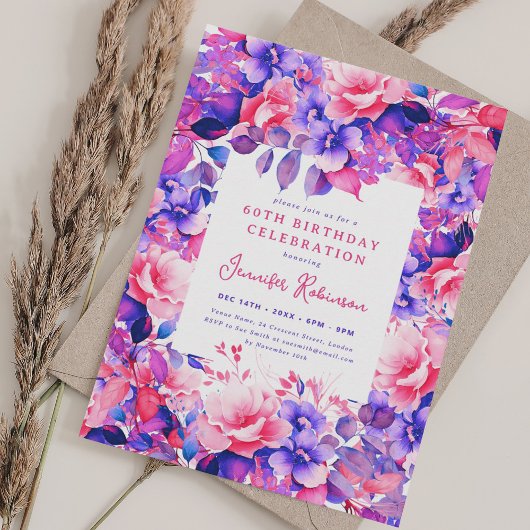 Invitation Chic Purple Aquarelle Florale 60e fête d'anniversa